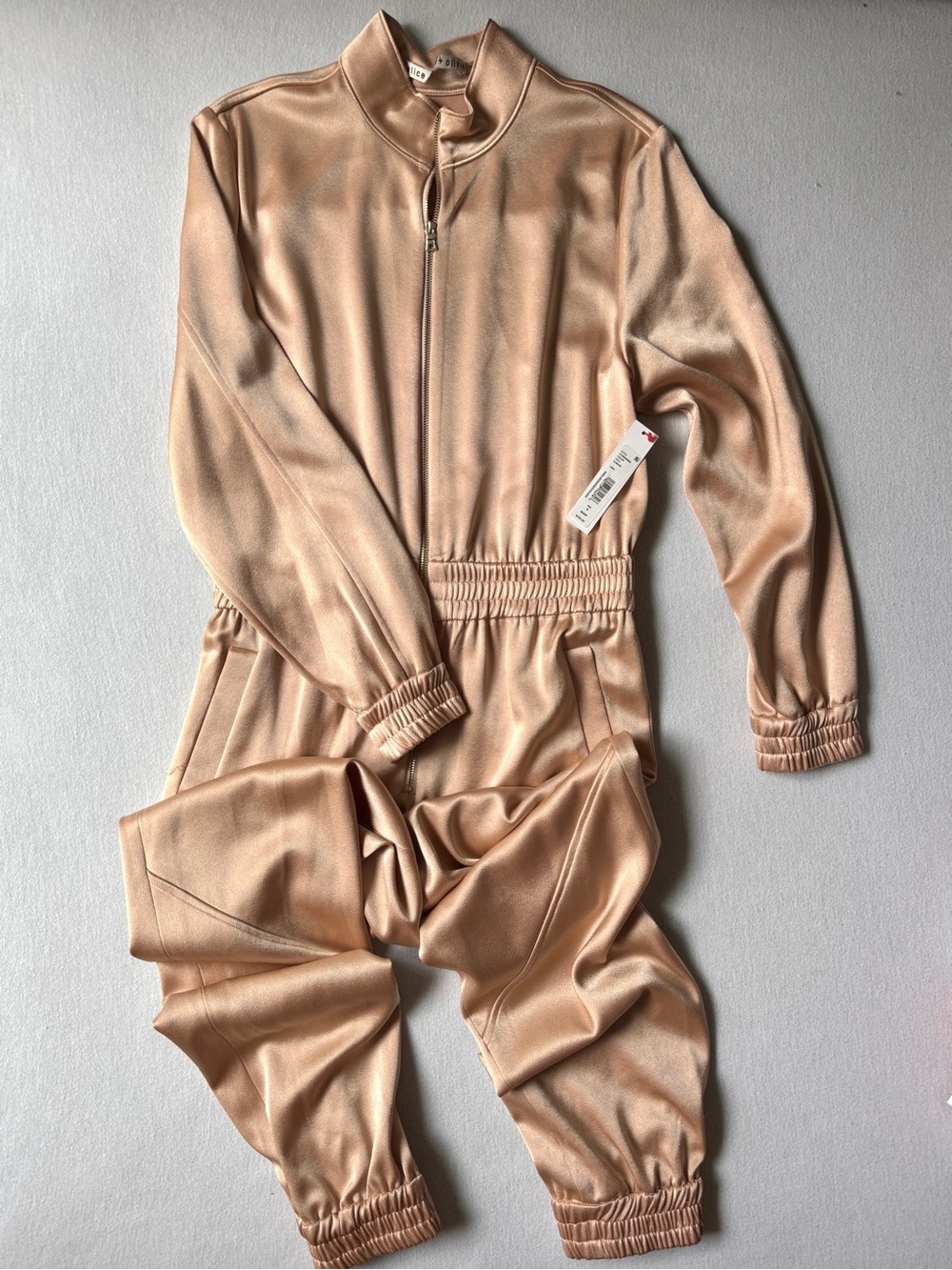 Alice + Olivia Levi Satin Zip Front Jumpsuit Almond Size 8 NWT